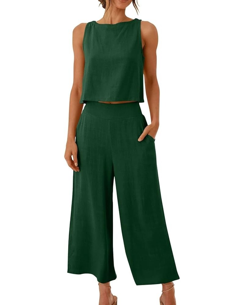 2 Piece Outfits for Women Summer Linen Tank Crop Tops Wide Leg Pants Sets Dressy Vacation Outfits with Pockets A-green $7.79 ...