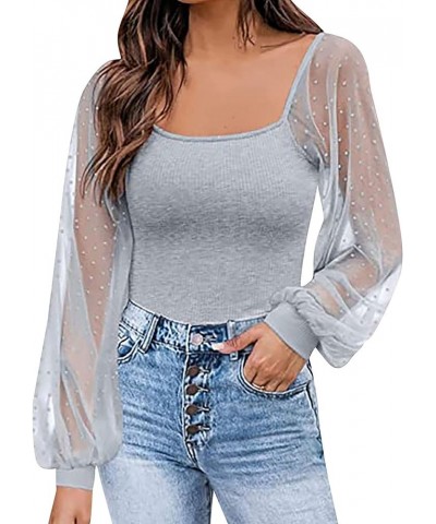 Womens Square Neck Top Ribbed Knitted Long Sleeve Slim Fitted Pullover Tunic Tops 03-grey $10.00 Tops