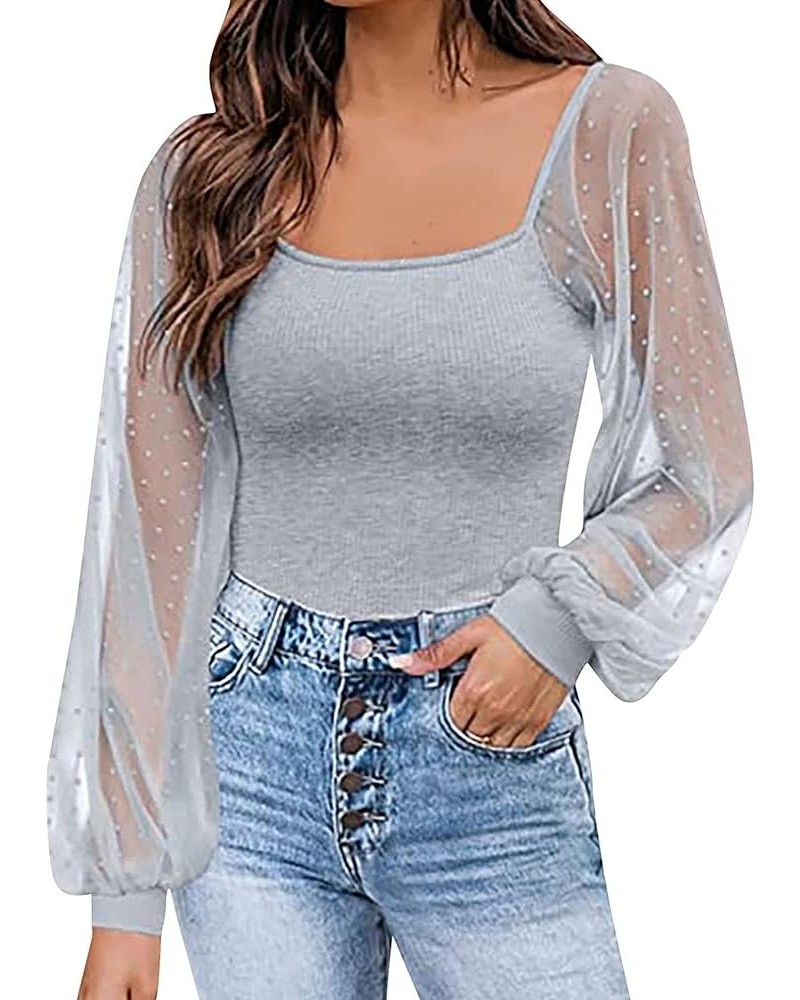 Womens Square Neck Top Ribbed Knitted Long Sleeve Slim Fitted Pullover Tunic Tops 03-grey $10.00 Tops