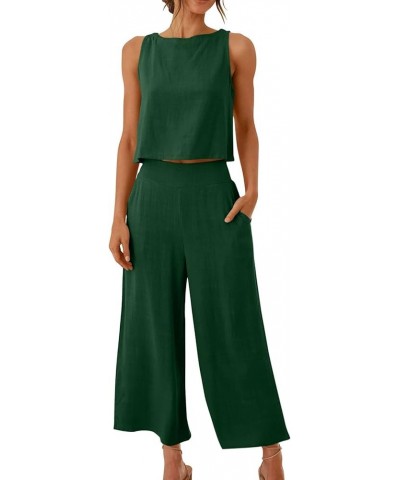 2 Piece Outfits for Women Summer Linen Tank Crop Tops Wide Leg Pants Sets Dressy Vacation Outfits with Pockets A-green $7.79 ...