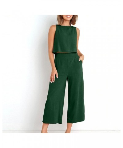 2 Piece Outfits for Women Summer Linen Tank Crop Tops Wide Leg Pants Sets Dressy Vacation Outfits with Pockets A-green $7.79 ...