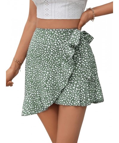 Women's Boho Floral Print Tie Side Wrap Skirt Ruffle Hem Mini Skort Skirts with Shorts Green $15.95 Skorts