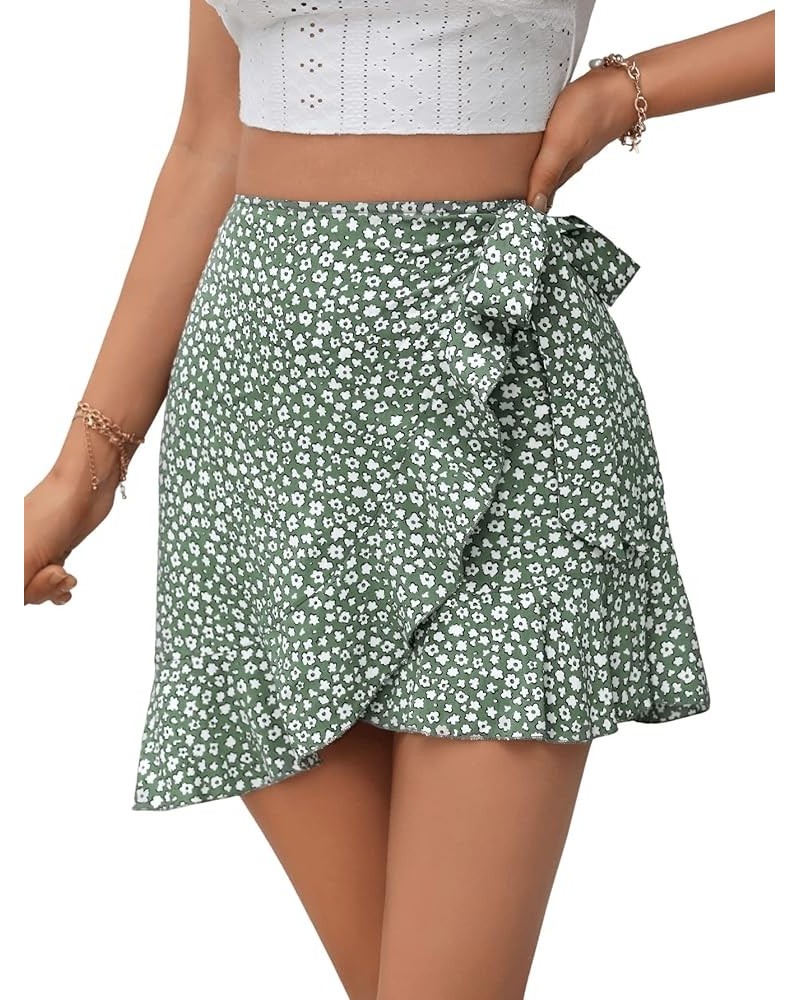 Women's Boho Floral Print Tie Side Wrap Skirt Ruffle Hem Mini Skort Skirts with Shorts Green $15.95 Skorts