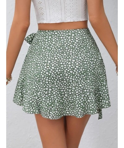 Women's Boho Floral Print Tie Side Wrap Skirt Ruffle Hem Mini Skort Skirts with Shorts Green $15.95 Skorts