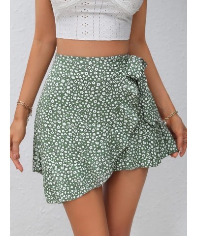 Women's Boho Floral Print Tie Side Wrap Skirt Ruffle Hem Mini Skort Skirts with Shorts Green $15.95 Skorts