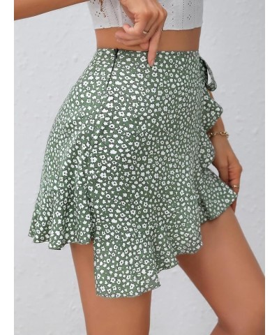 Women's Boho Floral Print Tie Side Wrap Skirt Ruffle Hem Mini Skort Skirts with Shorts Green $15.95 Skorts