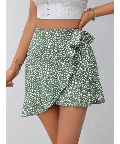 Women's Boho Floral Print Tie Side Wrap Skirt Ruffle Hem Mini Skort Skirts with Shorts Green $15.95 Skorts