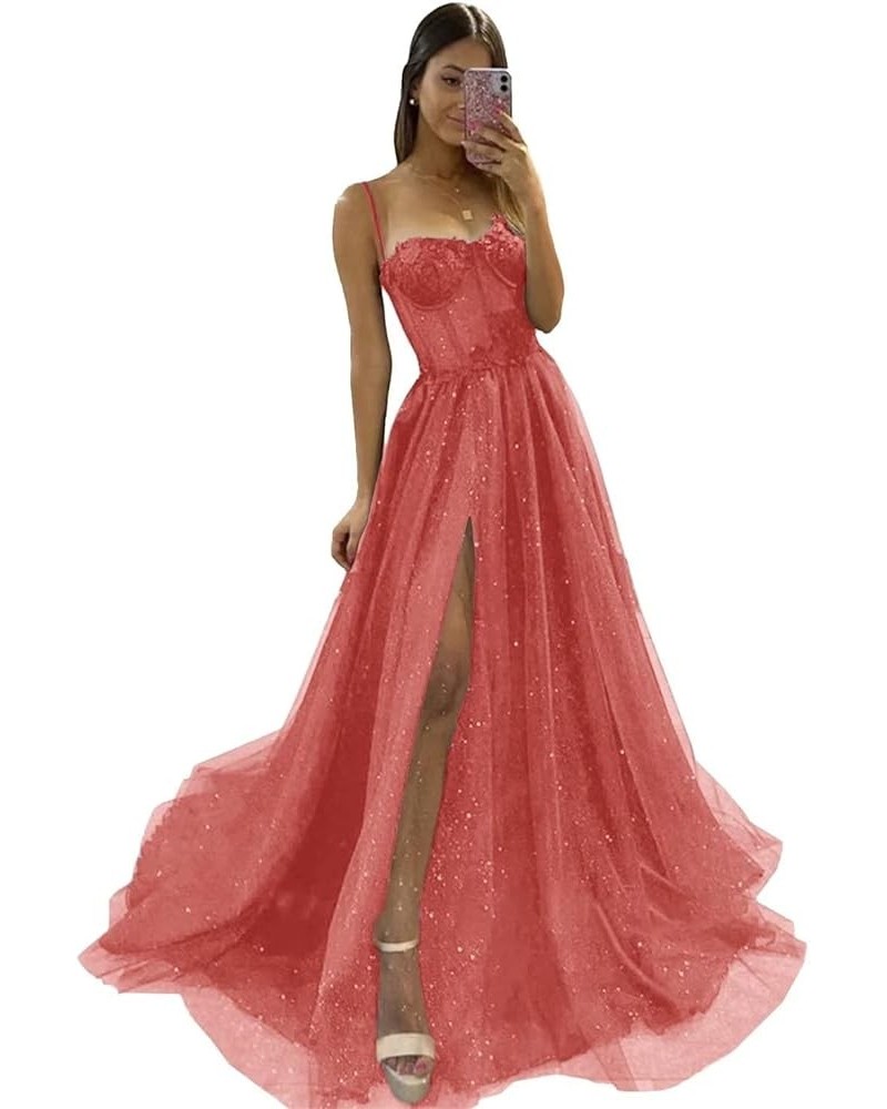 Glitter Tulle Prom Dress 2024 Long Ball Gown with Slit Spaghetti Straps Sweetheart Applique Formal Evening Party Gown Coral $...