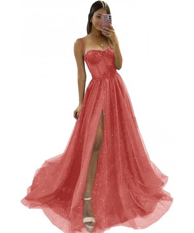 Glitter Tulle Prom Dress 2024 Long Ball Gown with Slit Spaghetti Straps Sweetheart Applique Formal Evening Party Gown Coral $...