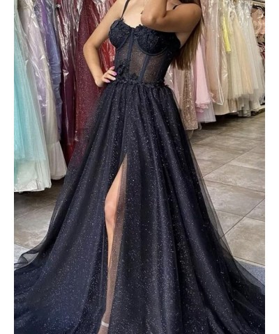 Glitter Tulle Prom Dress 2024 Long Ball Gown with Slit Spaghetti Straps Sweetheart Applique Formal Evening Party Gown Coral $...