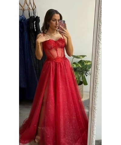 Glitter Tulle Prom Dress 2024 Long Ball Gown with Slit Spaghetti Straps Sweetheart Applique Formal Evening Party Gown Coral $...