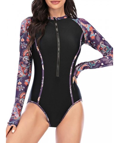 Women's Long Sleeve one Piece Swimsuit Athletic Rash Guard Zipper Floral Printed Surfing Swimsuit Bathing Suit Purple Floral ...