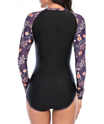 Women's Long Sleeve one Piece Swimsuit Athletic Rash Guard Zipper Floral Printed Surfing Swimsuit Bathing Suit Purple Floral ...