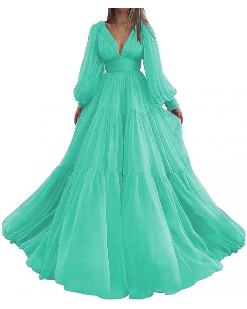 Long Sleeve Tulle Prom Dresses V Neck Puffy Formal Evening Party Gown for Women Princess Wedding Dress Turquoise $41.24 Dresses