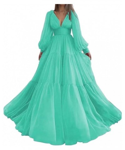 Long Sleeve Tulle Prom Dresses V Neck Puffy Formal Evening Party Gown for Women Princess Wedding Dress Turquoise $41.24 Dresses