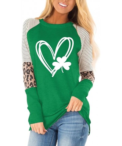 Women's St. Patrick's Day T Shirt Green Clover Long Sleeve Shirt Leopard Shamrock T-Shirt Lucky Graphic Tee Tops Green11-stri...