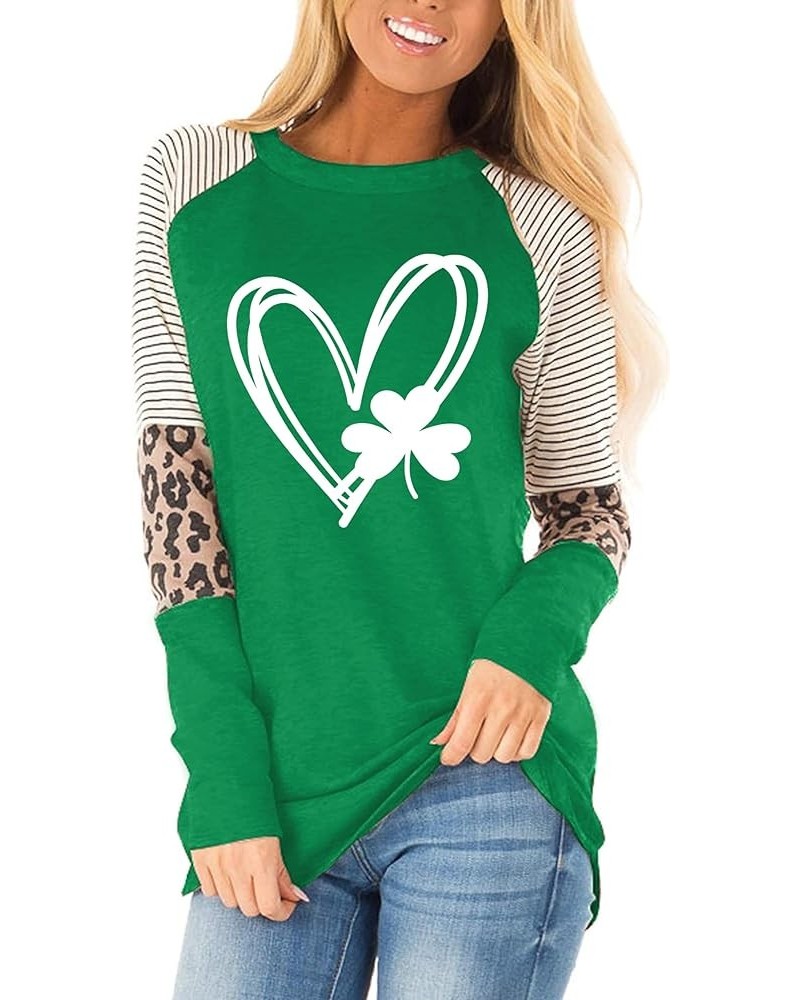 Women's St. Patrick's Day T Shirt Green Clover Long Sleeve Shirt Leopard Shamrock T-Shirt Lucky Graphic Tee Tops Green11-stri...