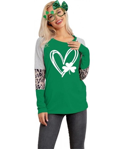 Women's St. Patrick's Day T Shirt Green Clover Long Sleeve Shirt Leopard Shamrock T-Shirt Lucky Graphic Tee Tops Green11-stri...