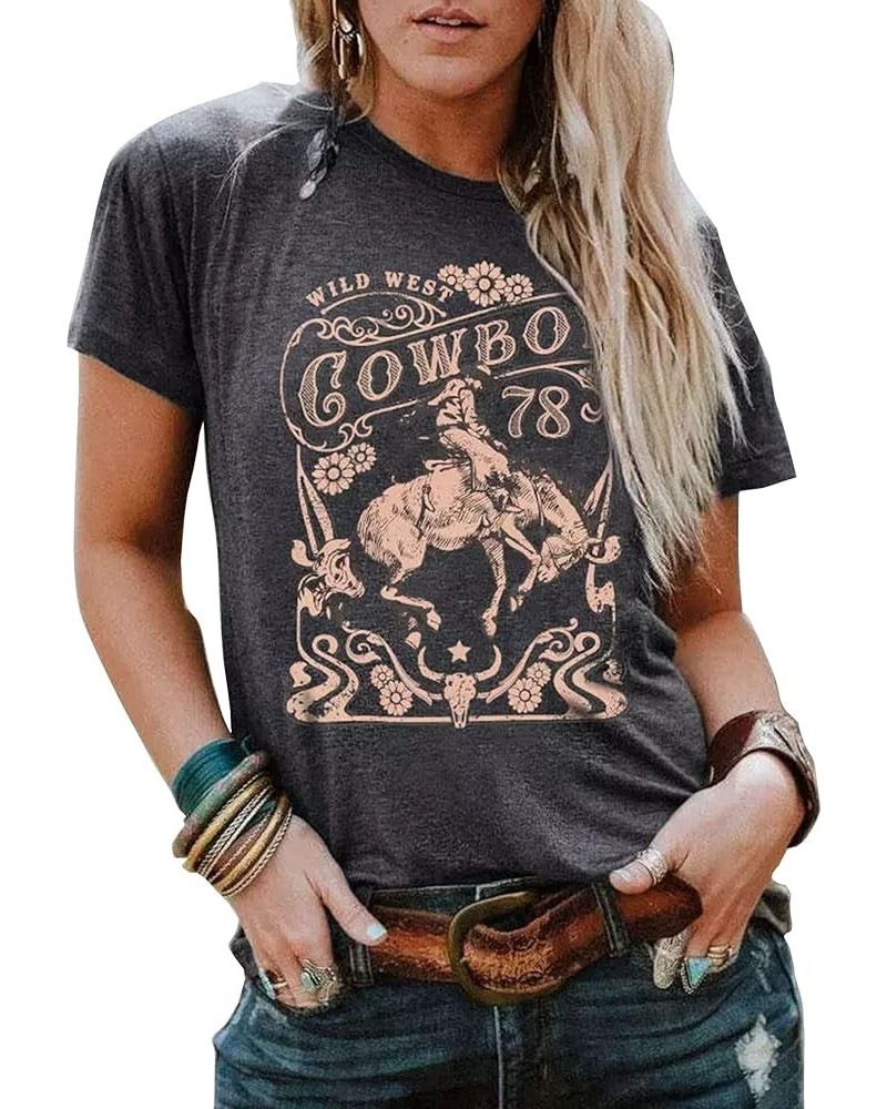 Wild West Cowboy Steer T-Shirt for Women Vintage Skull Floral Graphic Cowboy Rodeo Shirt Tops Western Retro Shirt Gray $11.99...