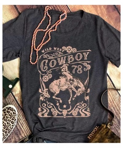 Wild West Cowboy Steer T-Shirt for Women Vintage Skull Floral Graphic Cowboy Rodeo Shirt Tops Western Retro Shirt Gray $11.99...