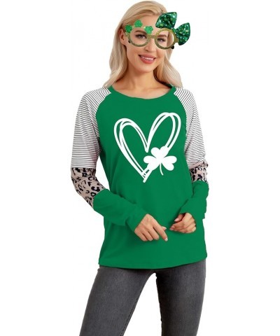 Women's St. Patrick's Day T Shirt Green Clover Long Sleeve Shirt Leopard Shamrock T-Shirt Lucky Graphic Tee Tops Green11-stri...