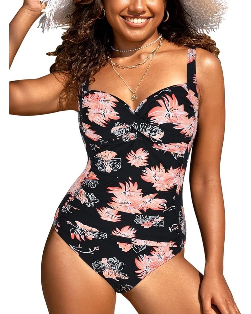 Women's One Piece Swimsuits Front Twist Bathing Suits Tummy Control Swimwear Retro Inspired Monokini Chrysanthemum $7.50 Swim...