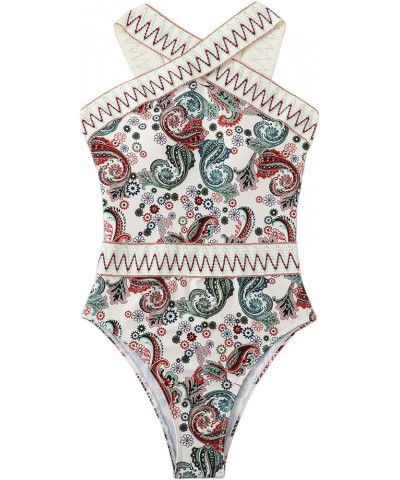 Women's Floral Athletic One Piece Stretch Swimsuit Contrast Mesh Bathing Suit Beige Multi $14.62 Swimsuits