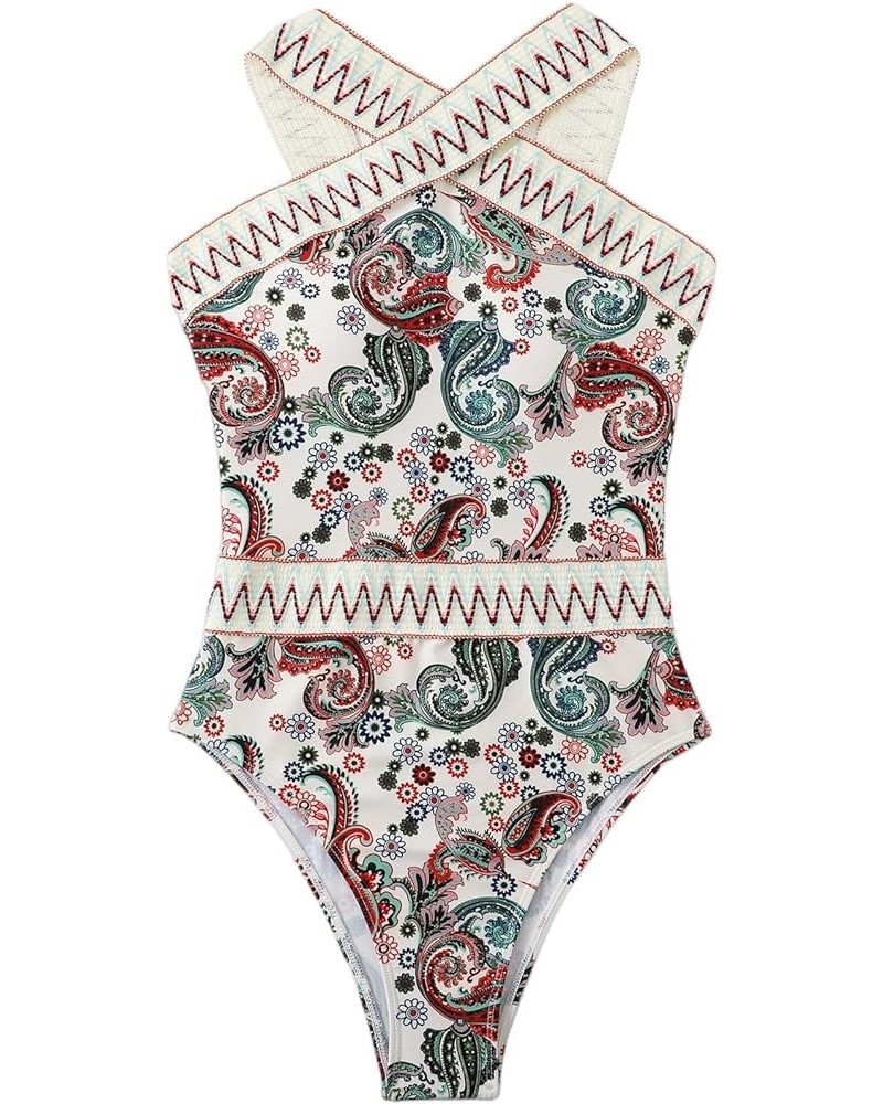 Women's Floral Athletic One Piece Stretch Swimsuit Contrast Mesh Bathing Suit Beige Multi $14.62 Swimsuits