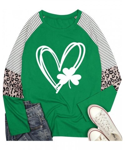 Women's St. Patrick's Day T Shirt Green Clover Long Sleeve Shirt Leopard Shamrock T-Shirt Lucky Graphic Tee Tops Green11-stri...