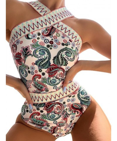 Women's Floral Athletic One Piece Stretch Swimsuit Contrast Mesh Bathing Suit Beige Multi $14.62 Swimsuits