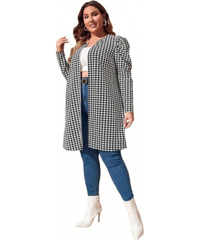 Women's Plus Size Houndstooth Open Front Puff Sleeve Elegant Office Jacket Coat Black and White $12.71 Jackets