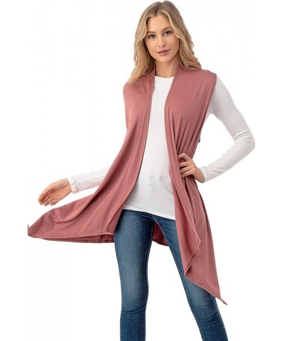 Sleeveless Draped Open Front Cardigan Vest Asymmetric Hem - Made in USA Dusty Rose $10.50 Sweaters