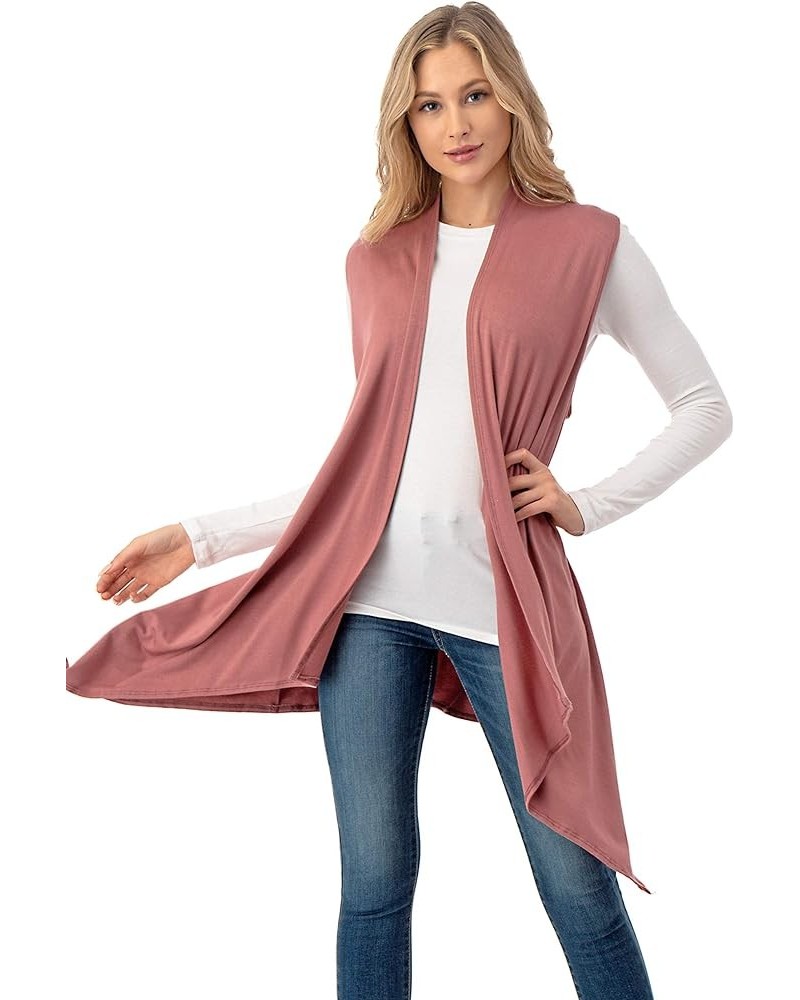 Sleeveless Draped Open Front Cardigan Vest Asymmetric Hem - Made in USA Dusty Rose $10.50 Sweaters