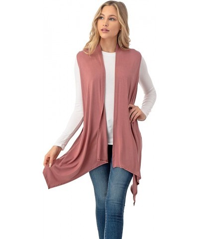 Sleeveless Draped Open Front Cardigan Vest Asymmetric Hem - Made in USA Dusty Rose $10.50 Sweaters