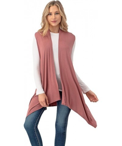 Sleeveless Draped Open Front Cardigan Vest Asymmetric Hem - Made in USA Dusty Rose $10.50 Sweaters