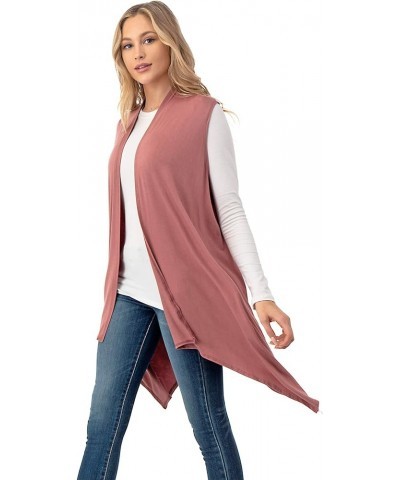 Sleeveless Draped Open Front Cardigan Vest Asymmetric Hem - Made in USA Dusty Rose $10.50 Sweaters