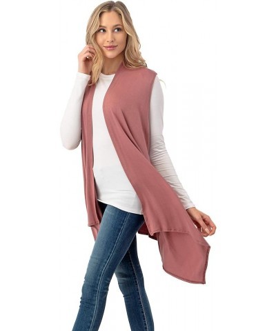 Sleeveless Draped Open Front Cardigan Vest Asymmetric Hem - Made in USA Dusty Rose $10.50 Sweaters