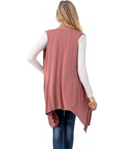 Sleeveless Draped Open Front Cardigan Vest Asymmetric Hem - Made in USA Dusty Rose $10.50 Sweaters