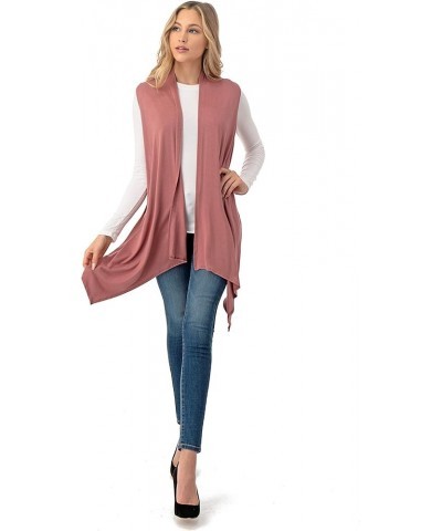 Sleeveless Draped Open Front Cardigan Vest Asymmetric Hem - Made in USA Dusty Rose $10.50 Sweaters