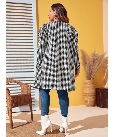 Women's Plus Size Houndstooth Open Front Puff Sleeve Elegant Office Jacket Coat Black and White $12.71 Jackets