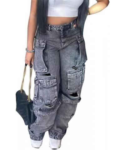 Women's Y2K Fashion Distressed Ripped Wide Leg Cargo Jeans Multi Pocket Denim Pants Black $30.15 Jeans