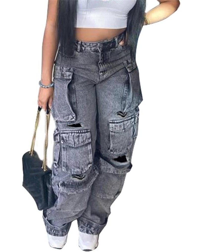 Women's Y2K Fashion Distressed Ripped Wide Leg Cargo Jeans Multi Pocket Denim Pants Black $30.15 Jeans