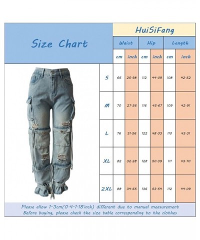 Women's Y2K Fashion Distressed Ripped Wide Leg Cargo Jeans Multi Pocket Denim Pants Black $30.15 Jeans