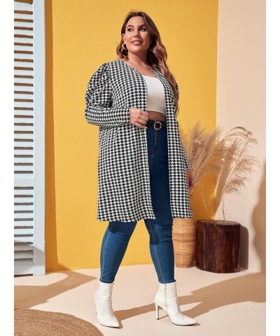 Women's Plus Size Houndstooth Open Front Puff Sleeve Elegant Office Jacket Coat Black and White $12.71 Jackets