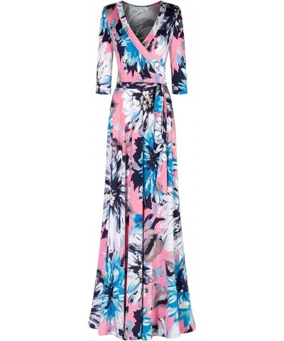 Women's MadeInUSA 3/4 Sleeve V-Neck Printed Maxi Wrap Dress Pink Black $35.72 Dresses