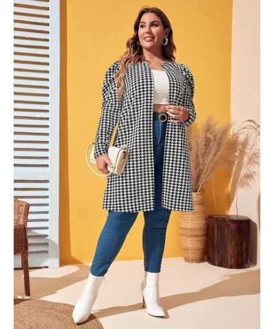 Women's Plus Size Houndstooth Open Front Puff Sleeve Elegant Office Jacket Coat Black and White $12.71 Jackets