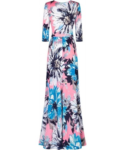 Women's MadeInUSA 3/4 Sleeve V-Neck Printed Maxi Wrap Dress Pink Black $35.72 Dresses