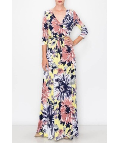 Women's MadeInUSA 3/4 Sleeve V-Neck Printed Maxi Wrap Dress Pink Black $35.72 Dresses