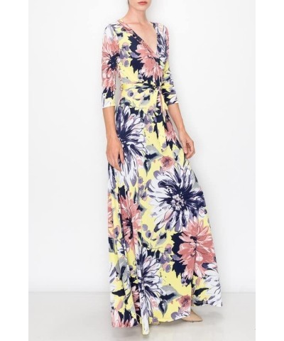 Women's MadeInUSA 3/4 Sleeve V-Neck Printed Maxi Wrap Dress Pink Black $35.72 Dresses