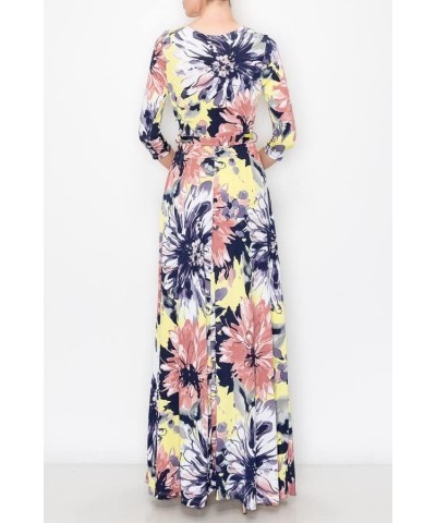 Women's MadeInUSA 3/4 Sleeve V-Neck Printed Maxi Wrap Dress Pink Black $35.72 Dresses